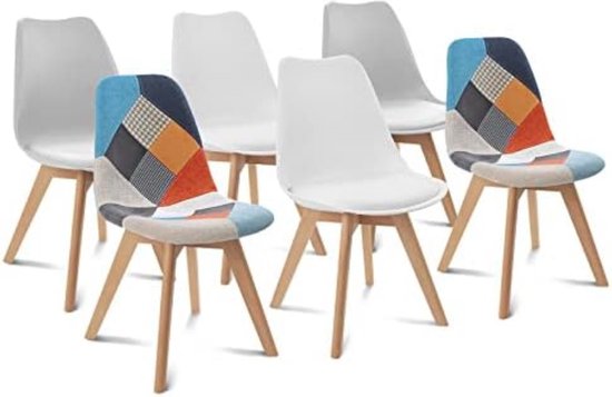 Set van 6 stoelen SARA wit x 2, lichtgrijs x 2 en patchwork meerkleurig