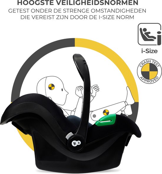 Zwart autostoeltje voldoet aan i-Size norm, met crash test approved sticker