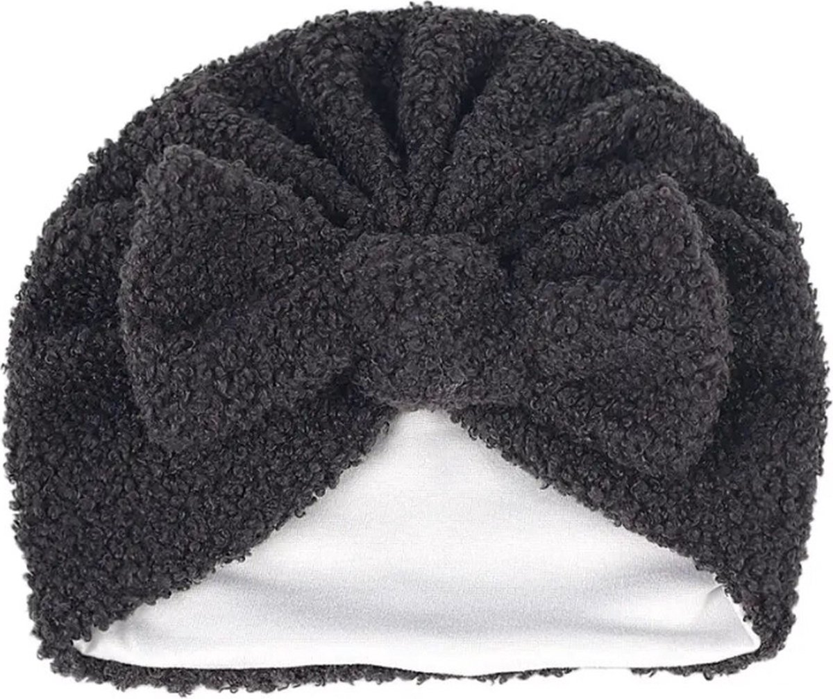 Goedkoopste baby muts - meisje - turban - donker grijs - teddy - kraamcadeau