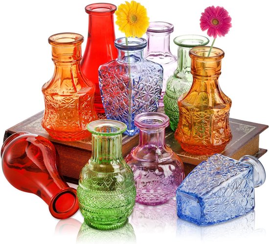 10 stuks glazen vazen, kleine transparante bloemenvaas als middelpunt, mini vintage bloemenfles, kleurrijke levendige vazen met enkele knop, sierlijke tafelbloemenvazen voor planten, woondecoratie.
