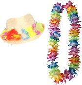 Ensemble de déguisement de party tropicale hawaïenne - chapeau de paille avec bande florale - et couronne de fleurs à lumières LED - pour adultes