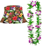 Carnaval verkleedset - Tropische Hawaii party - bucket hoedje - bloemenslinger paars - volwassenen