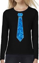 Bellatio Decorations Verkleed shirt dames - stropdas paillet blauw - zwart - carnaval - longsleeve S