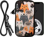 kwmobile Tasje voor smartphones XXL - 7" - Hoesje van neopreen in oranje / zwart / wit - Phone case met nekkoord - Katten design
