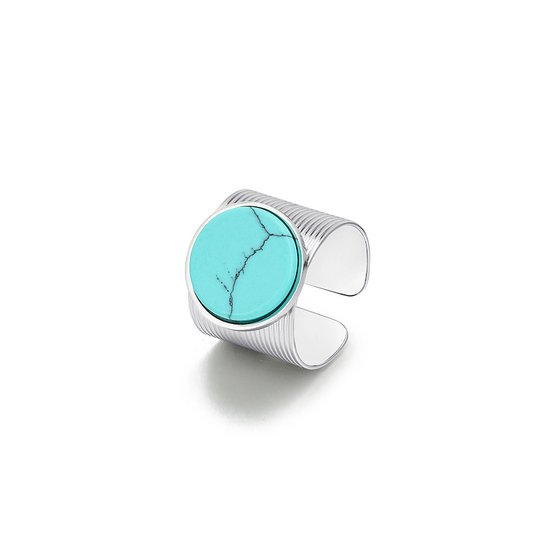Ring – Rvs – Blauw Turquoise - edelsteen - Zilverkleurig – Verstelbare – Brede ring – Opengewerkte - Makkelijke voor mensen met moeilijke en artrose vingers