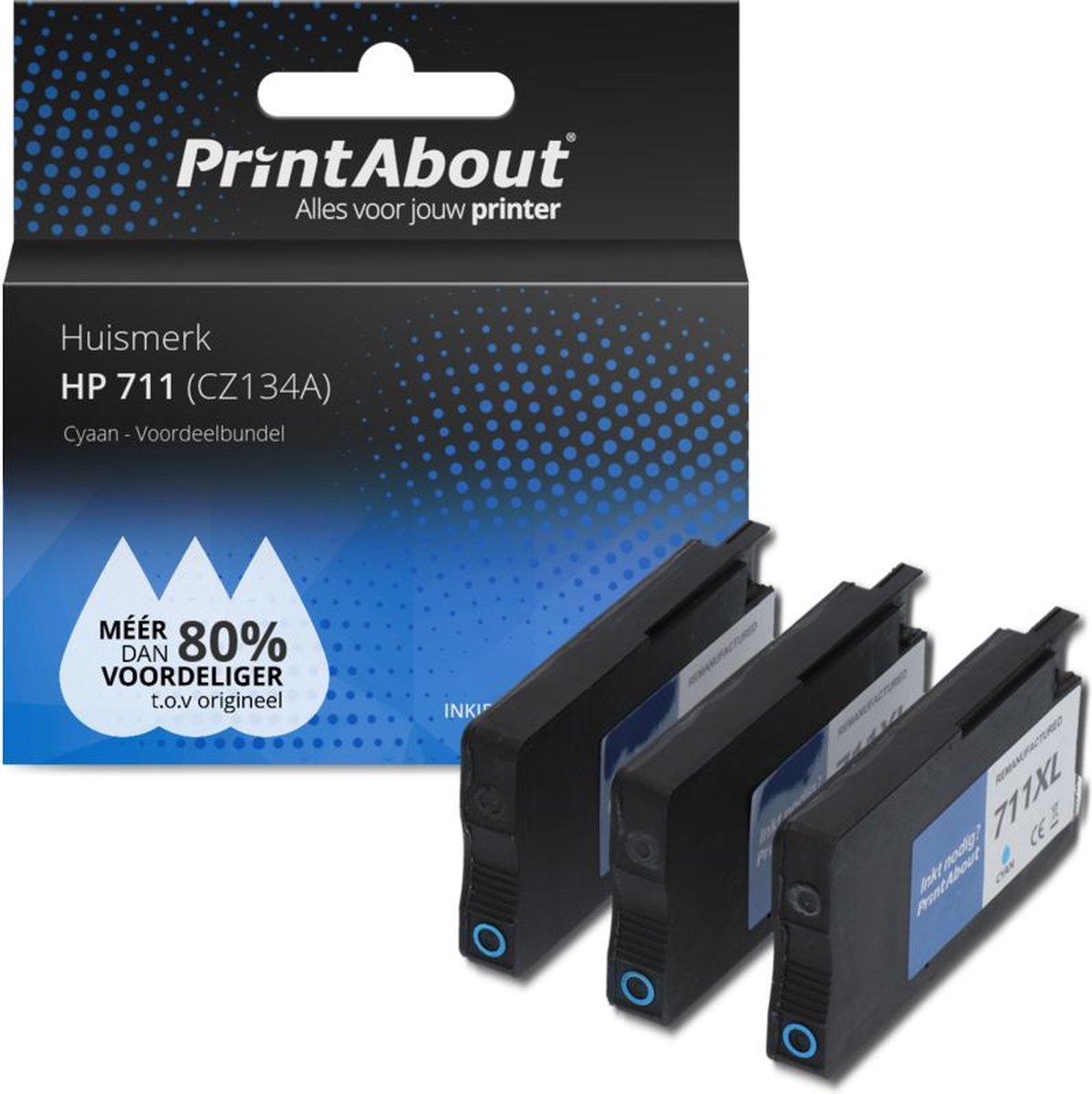PrintAbout Huismerk HP 711 (CZ134A) Inktcartridge Cyaan Voordeelbundel 3-pack