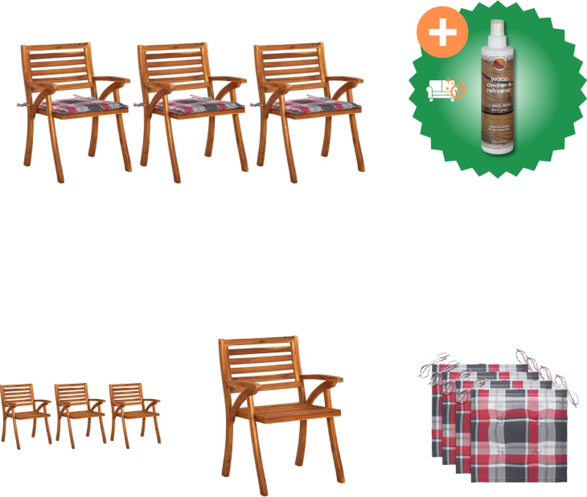 VidaXL Eetkamerstoel Massief Acaciahout 59 x 59 x 87 cm Rood Ruitpatroon Tuinstoel Inclusief Houtreiniger en verfrisser