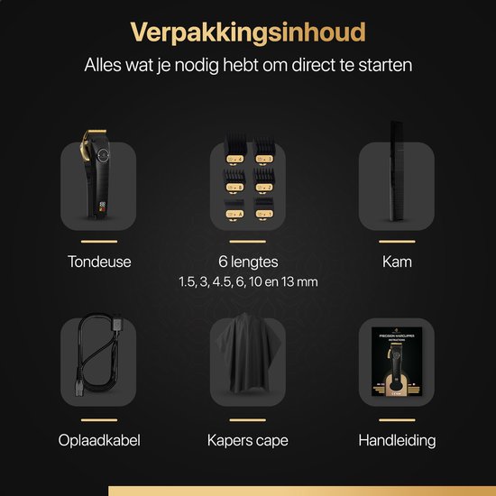 Verpakkingsinhoud: Tondeuse, 6 opzetstukken (1.5-13 mm), kam, kap, oplaadkabel en handleiding.