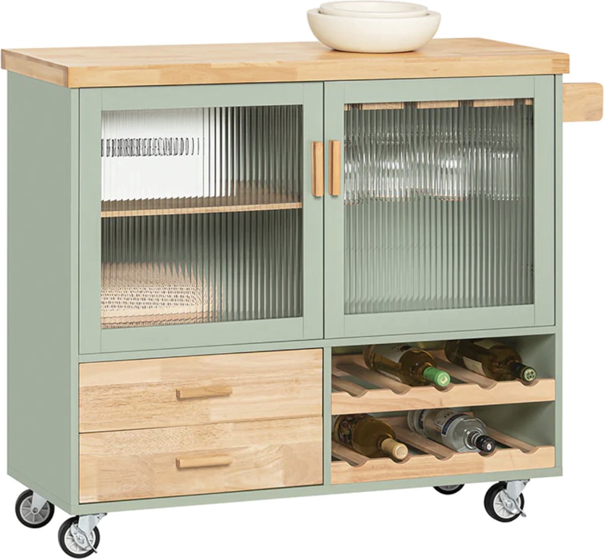 Mara Luxe Keukentrolley - Keukeneiland - Opbergtrolley - Serveerwagen - Groen - Hout - Bamboe - MDF - 109 x 38 x 92 cm