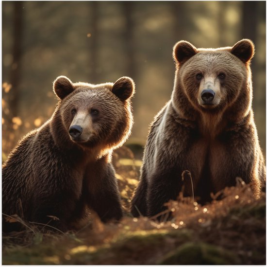 Poster Glanzend – Beren - Bos - Bruin - 50x50 cm Foto op Posterpapier met Glanzende Afwerking