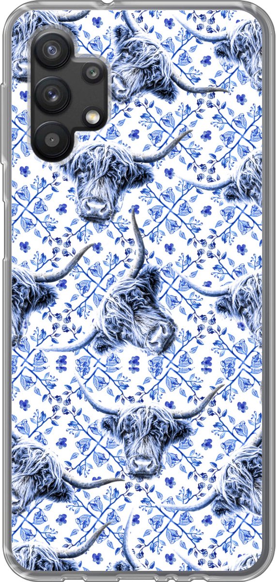 Telefoonhoesje Geschikt voor Samsung Galaxy A32 5G hoesje - Delfts blauw - Dieren - Schotse hooglander - Siliconen Telefoonhoesje Telefoonhoesje