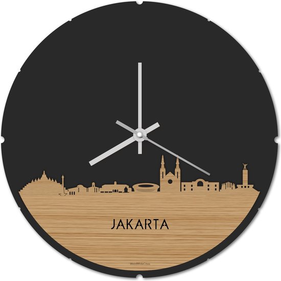 Skyline Klok Rond Jakarta Bamboe hout - Ø 44 cm - Stil uurwerk - Wanddecoratie - Meer steden beschikbaar - Woonkamer idee - Woondecoratie - City Art - Steden kunst - Cadeau voor hem - Cadeau voor haar - Jubileum - Trouwerij - Housewarming -
