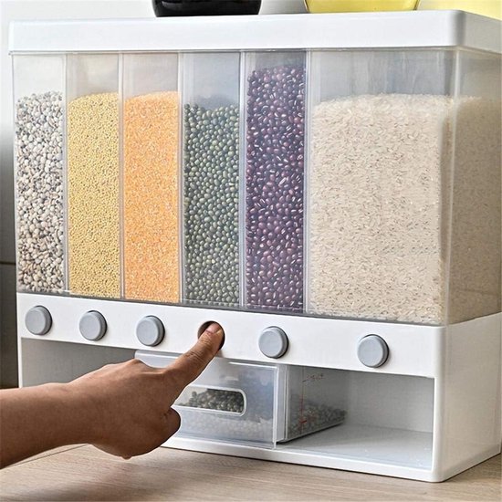 Rijst Dispenser - 6 vakken - Tot 10KG - Voedsel opbergdoos - Voorraadbussen - Food Dispenser - Dispenser cornflakes - Merkloos