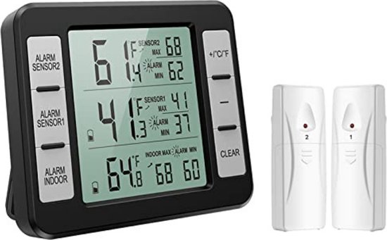 Thermometer koelkast - Ijskast thermometer - Zwart - 2 sensoren