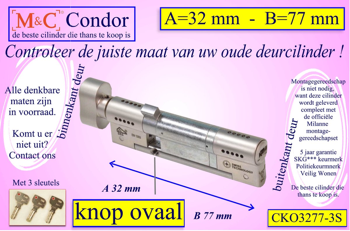M&C Condor high security deurcilinder met Knop OVAAL 32x77 mm - SKG*** - Politiekeurmerk Veilig Wonen - inclusief gereedschap montageset