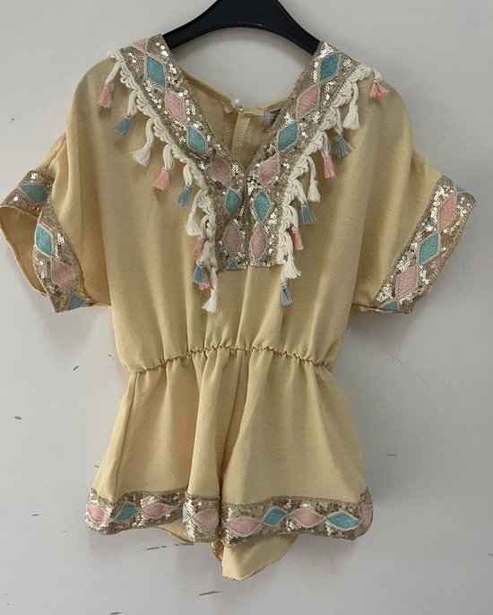 Playsuit meiden meisjes geel/goud ibiza strand beach boho bohemian voorjaar zomer kralen pailletten steentjes studs maat 10/10Y