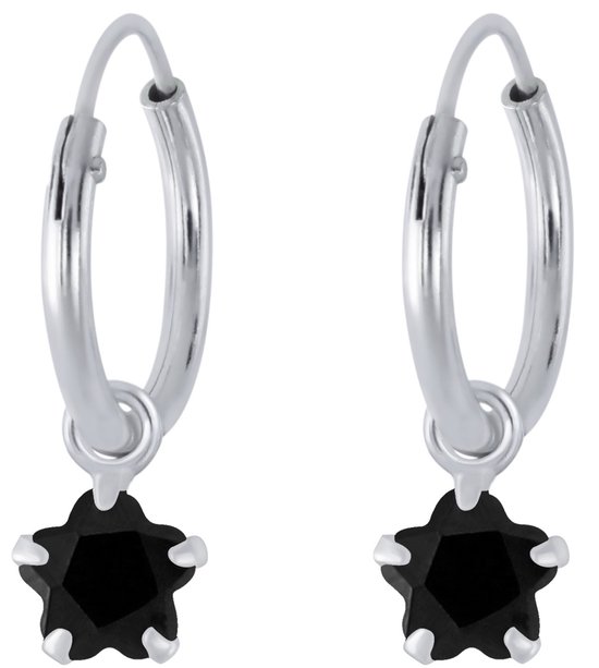 Joy|S - Zilveren bloem bedel oorbellen - kristal zwart - oorringen