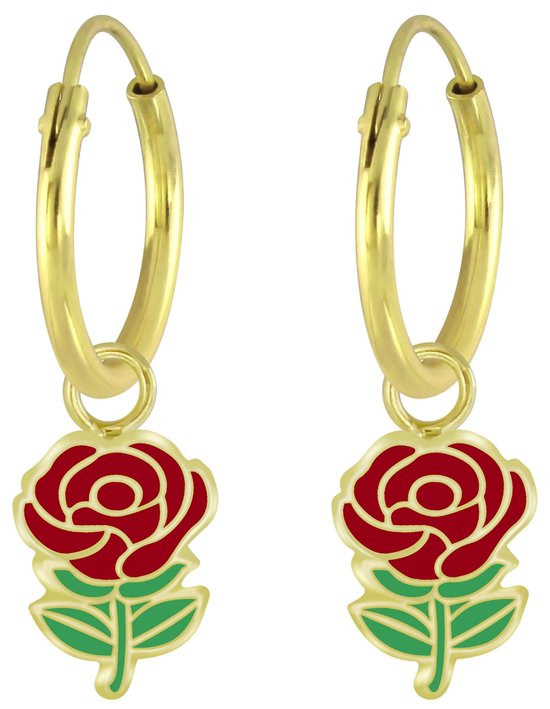 Joy|S - Zilveren bloem bedel oorbellen -  rode roosje oorringen - 14k goudplating