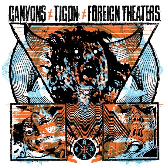 Pochette d'album avec le texte "Canyons ≠ Tigon ≠ Foreign Theaters". Au centre, une tête de monstre avec des cornes, entourée de motifs abstraits orange, bleus et noirs.
