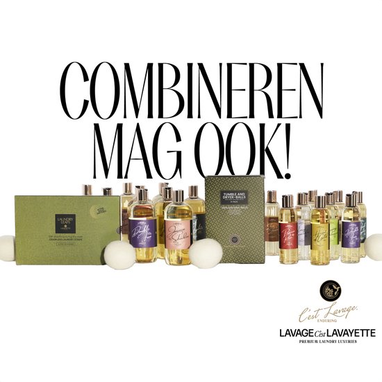 Une rangée de flacons de parfum de lessive Lavayette et des boules parfumées "Tumble and dry".