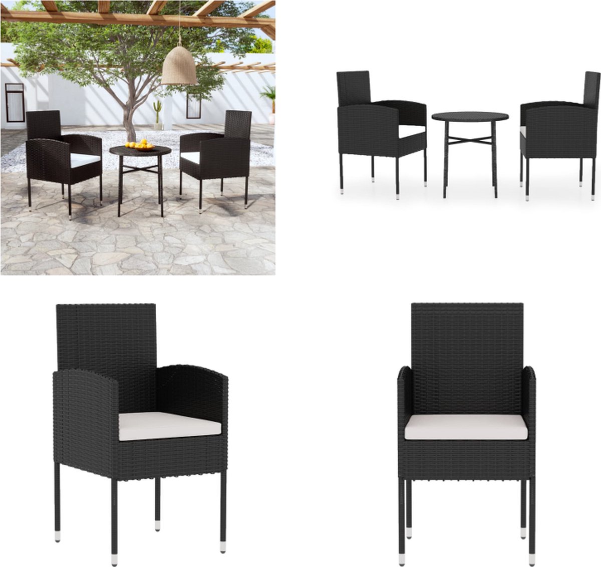 VidaXL 3-delige Tuinset poly rattan zwart Tuinset Tuinsets Eetset Eethoek