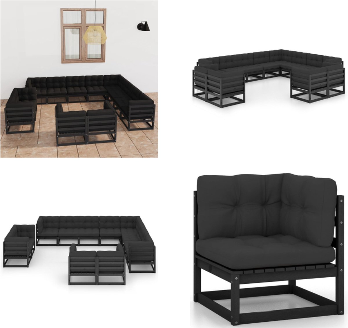 VidaXL 12-delige Loungeset met kussens massief grenenhout zwart Loungeset Loungesets Tuinsets
