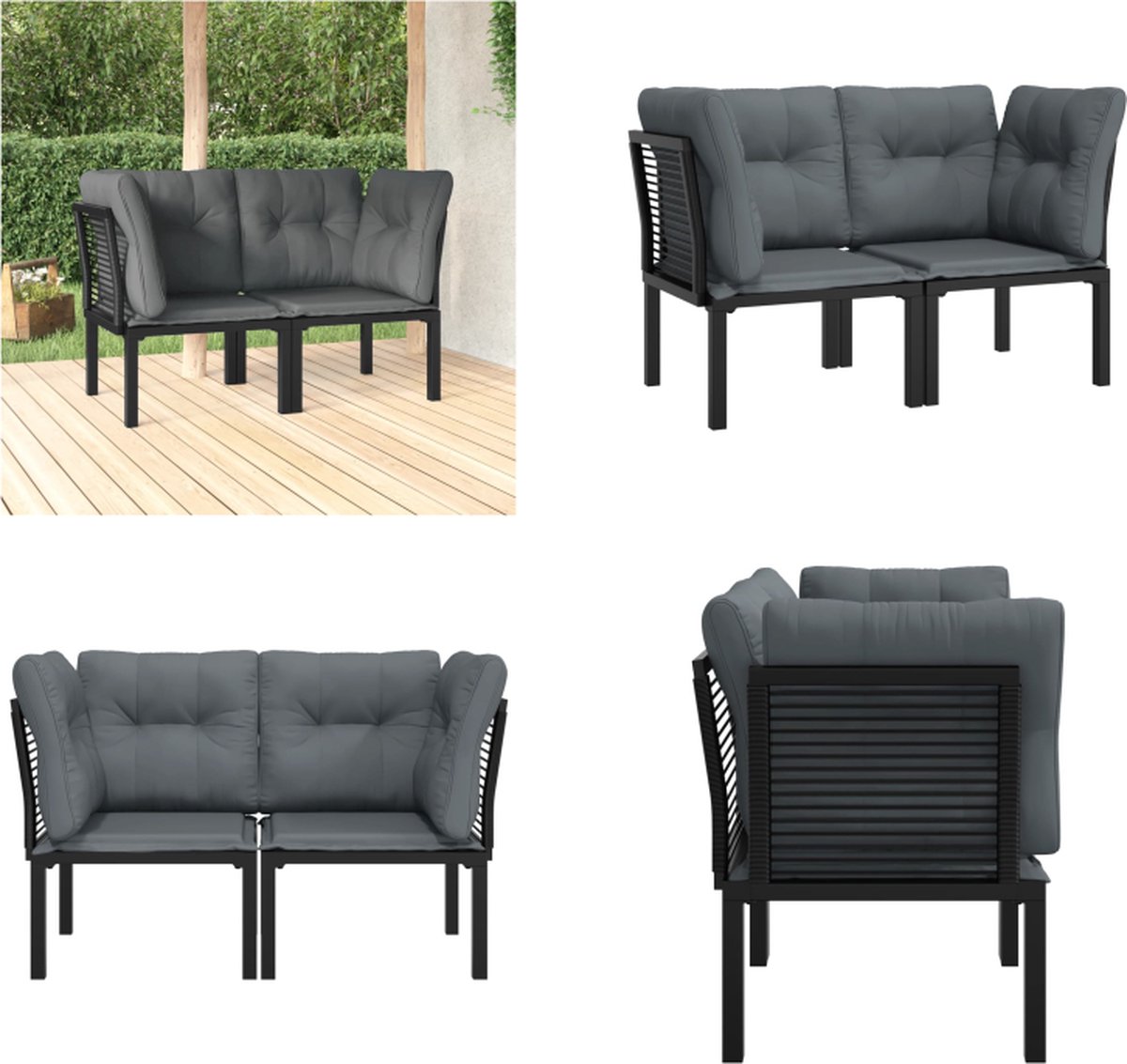 vidaXL Tuinhoekstoelen - 2 - st - met - kussens - poly - rattan - zwart - en - grijs
