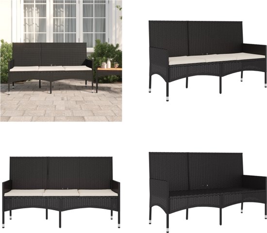 vidaXL Banc de jardin 3 places avec coussins Polyrotin Noir - Banc de jardin - Bancs de jardin - Banc de jardin - Banc de Jardin
