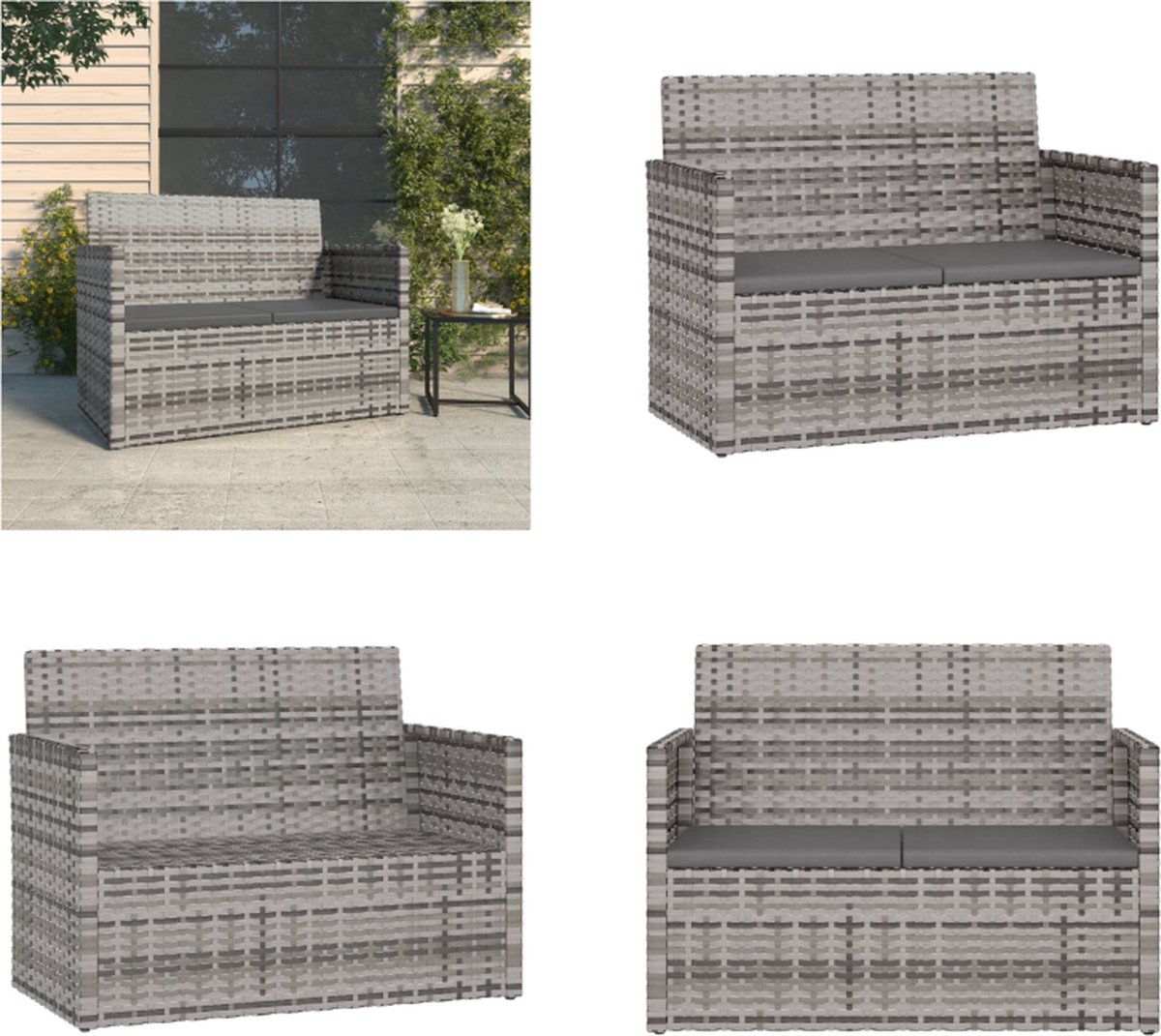 vidaXL - Tuinbank - met - kussens - 105 - cm - poly - rattan - grijs