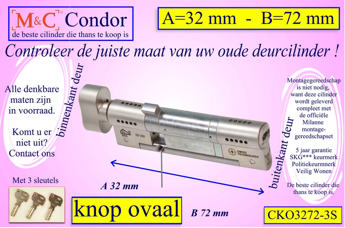 M&C Condor high security deurcilinder met Knop OVAAL 32x72 mm - SKG*** - Politiekeurmerk Veilig Wonen - inclusief gereedschap montageset