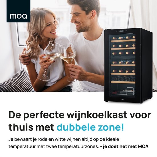 MOA Wijnkoelkast voor 28 Flessen - Wijnklimaatkast Vrijstaand met 2 Temperatuurzones - Wijnkoeler - Instelbaar tussen 5°C en 18°C - Zwart
