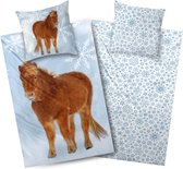 Beddengoed 135 x 200 cm kinderen paarden flanel katoen | blauw bruin - meisjes | 2-delige warme en zachte omkeerbare beddengoedset