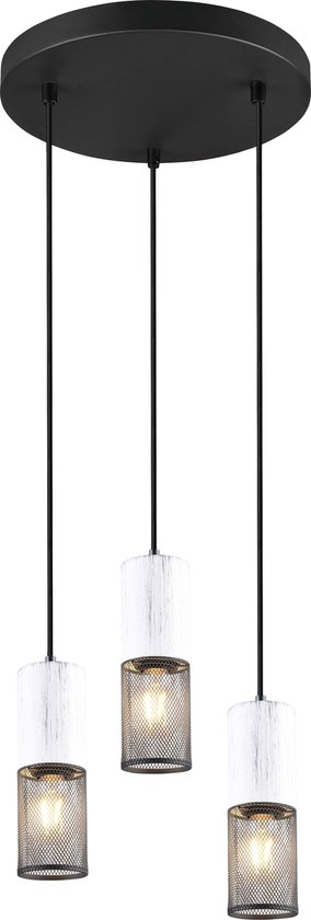 TRIO TOSH - Hanglamp - Zwart-wit - excl. 3x E27 40W - Aanpasbaar in hoogte - Houten elementen in wit