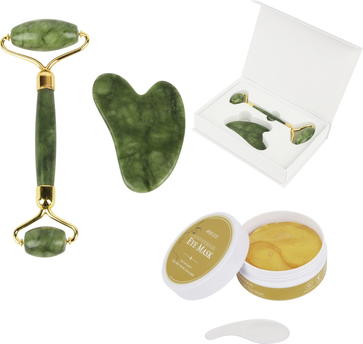 Goedkoopste Jade roller met Gua Sha schraper(groen)- met collageen oogmaskers -gezichtsverzorging- guasha- huidverzorging