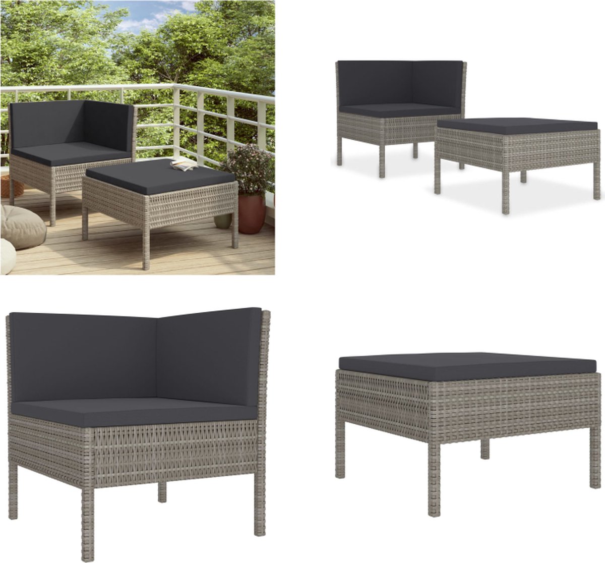 VidaXL 2-delige Loungeset met kussens poly rattan grijs Tuinbank Tuinbanken Loungebank Loungebanken