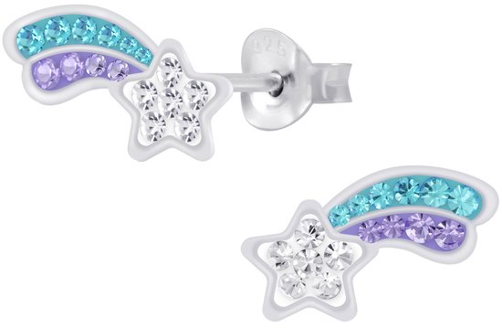 Joy|S - Zilveren vallende ster oorbellen - paars blauw kristal - 13 x 6 mm