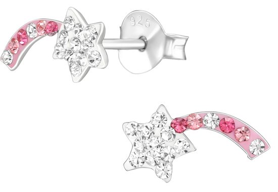 Joy|S - Zilveren vallende ster oorbellen - 12 x 6 mm - wit roze kristal - oorknoppen
