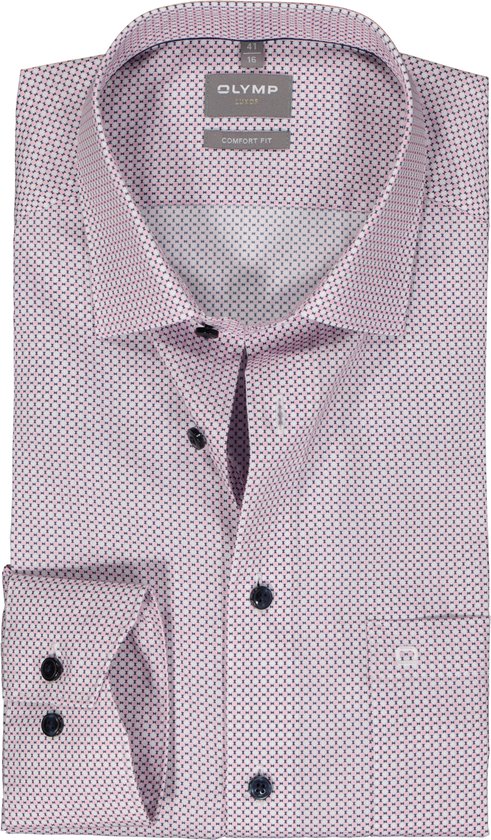 OLYMP comfort fit overhemd - mouwlengte 7 - popeline - wit met blauw en roze dessin - Strijkvrij - Boordmaat: 45