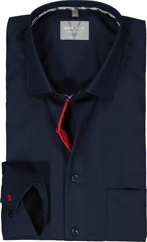 MARVELIS comfort fit overhemd - popeline - donkerblauw - Strijkvrij - Boordmaat: 50
