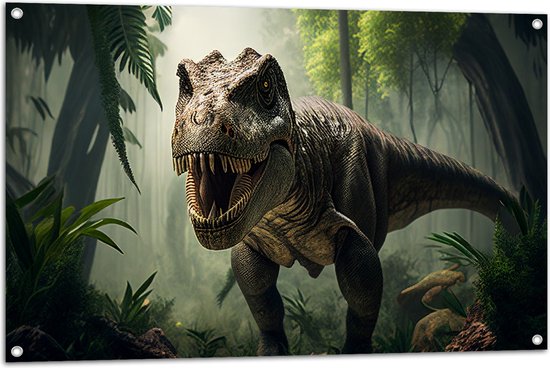 Tuinposter – Dinosaurus - Dier - Bos - Bomen - Planten - 105x70 cm Foto op Tuinposter (wanddecoratie voor buiten en binnen)