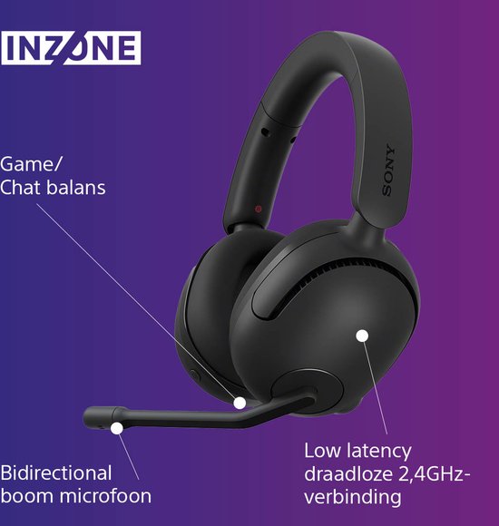 Zwarte Sony INZONE H5 gaming headset met microfoon, game/chat balans, bidirectionele microfoon en low latency 2.4GHz-verbinding.