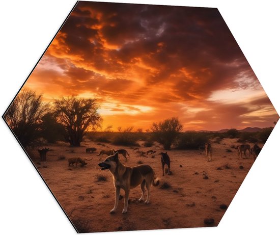 Dibond Hexagon - Dieren - Honden - Landschap - Zonsondergang - Planten - 70x60.9 cm Foto op Hexagon (Met Ophangsysteem)