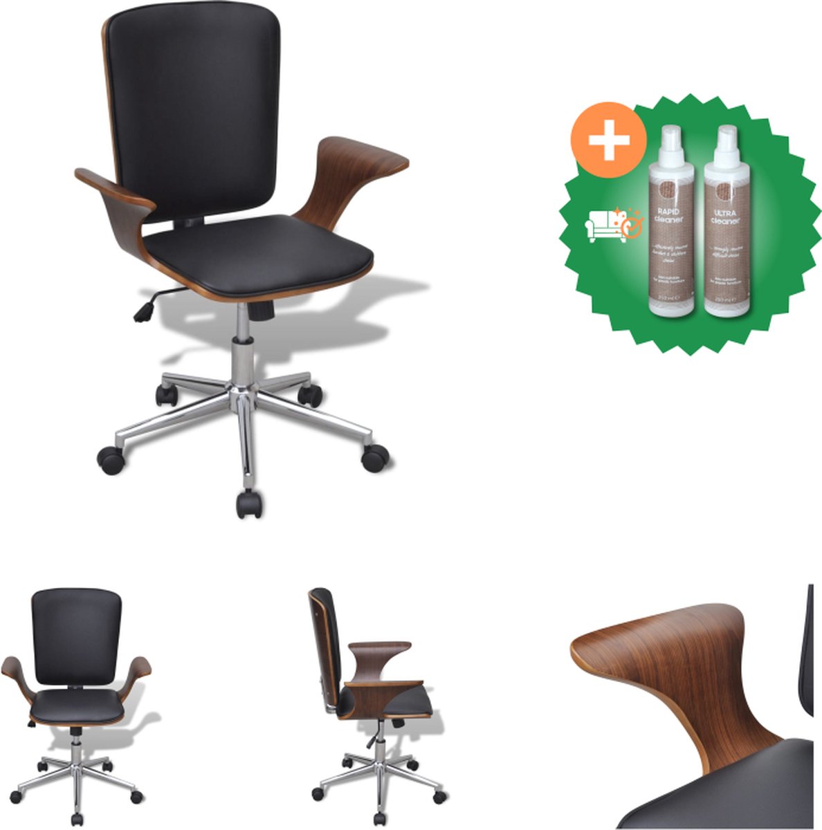 vidaXL Kantoorstoel draaibaar gebogen hout en kunstleer - Bureaustoel - Inclusief Onderhoudsset