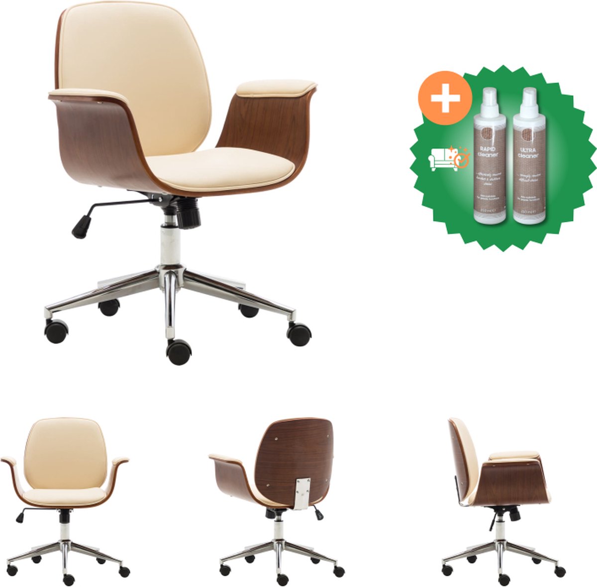 vidaXL Kantoorstoel gebogen hout en kunstleer crèmekleurig - Bureaustoel - Inclusief Onderhoudsset