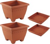 2x stuks vierkante plantenbakken/potten 40 x 40 x 31 cm terra cotta kleur met opvangschaal van 35 cm - Kunststof - Buiten gebruik