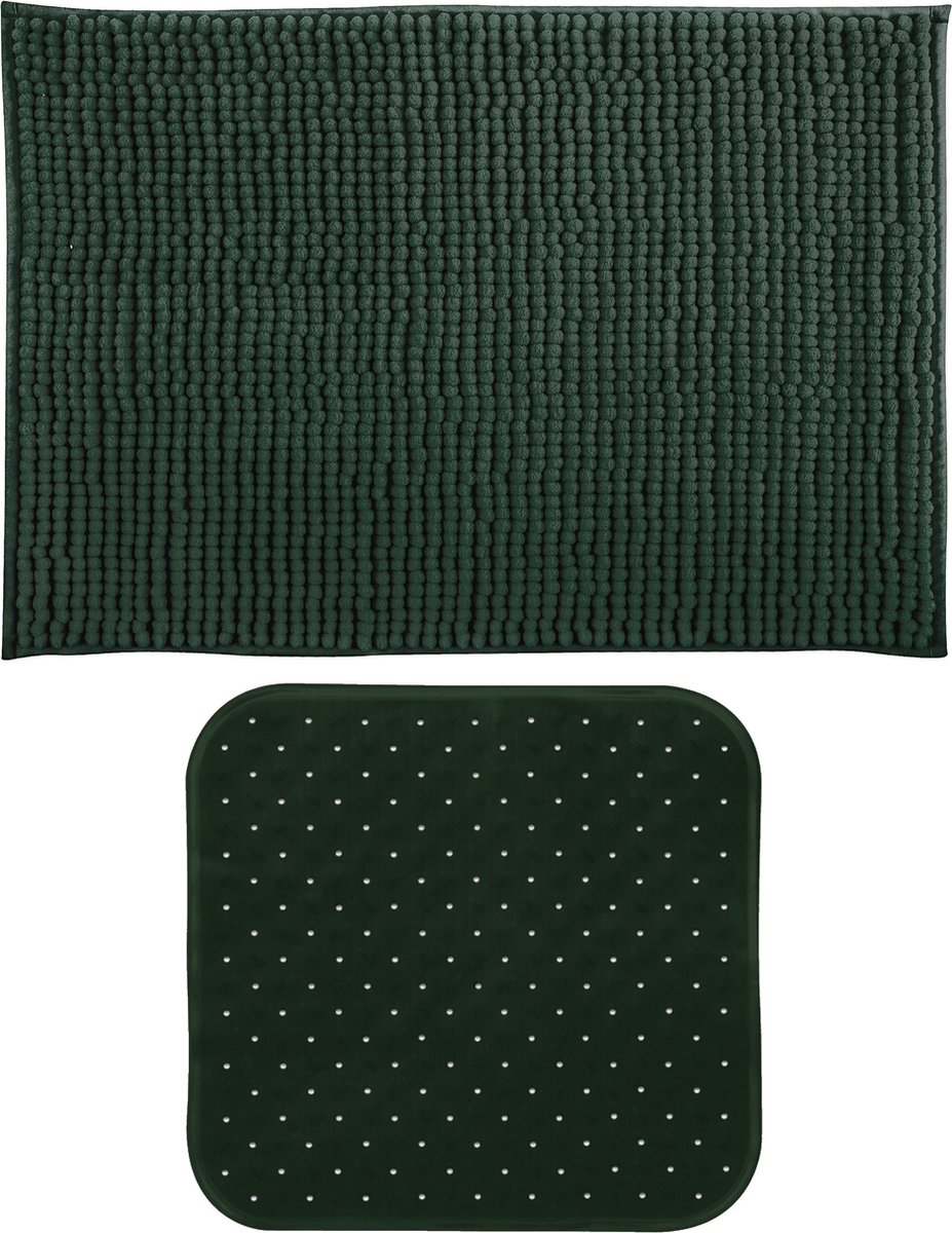 MSV Douche anti-slip mat en droogloop mat - Sevilla badkamer set - rubber/microvezel - donkergroen