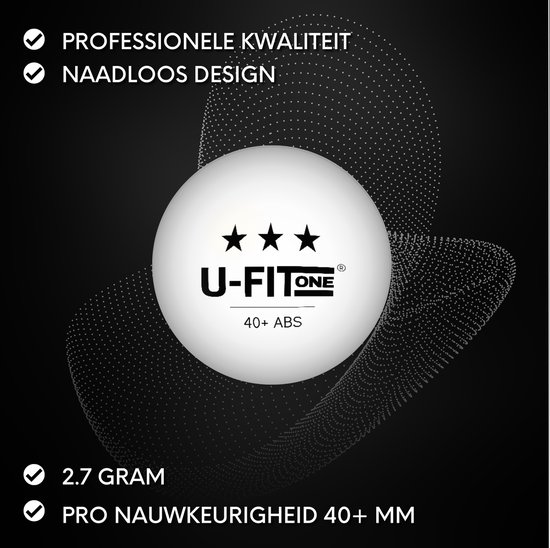 Witte tafeltennisbal met U-Fit One logo en drie sterren, drijvend in een digitale golf van stippen.