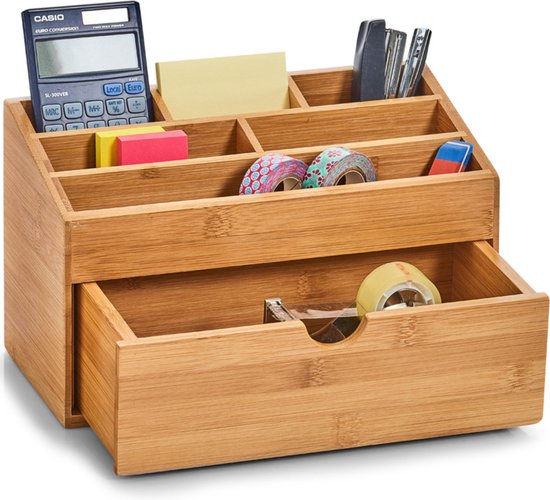 Foto: 1x pennenbakjes 6 vaks met lade bureau organizer bamboe hout 25 x 12 cm zeller kantoorbenodigdheden bureau accessoires organizers pennenbakken voor kantoor hobbyruimte studeerkamer