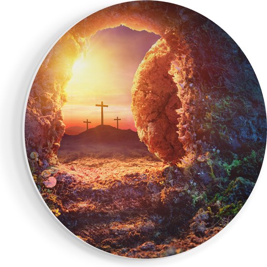 Artaza Forex Muurcirkel Kruisiging bij Zonsopgang - Opstanding Jezus - 40x40 cm - Klein - Wandcirkel - Rond Schilderij - Wanddecoratie Cirkel