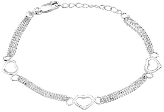 Joy|S - Zilveren hartjes armband - gourmet schakel triple layer - massief zilver hartjes - tiener armband : 16 cm + 3 cm extension